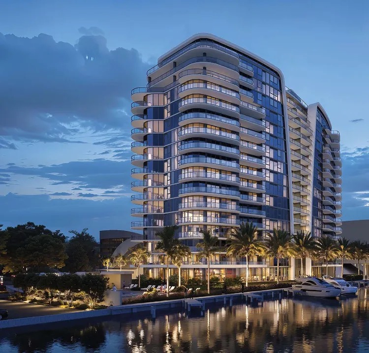 3000 Waterside tower at dusk from the Intracoastal