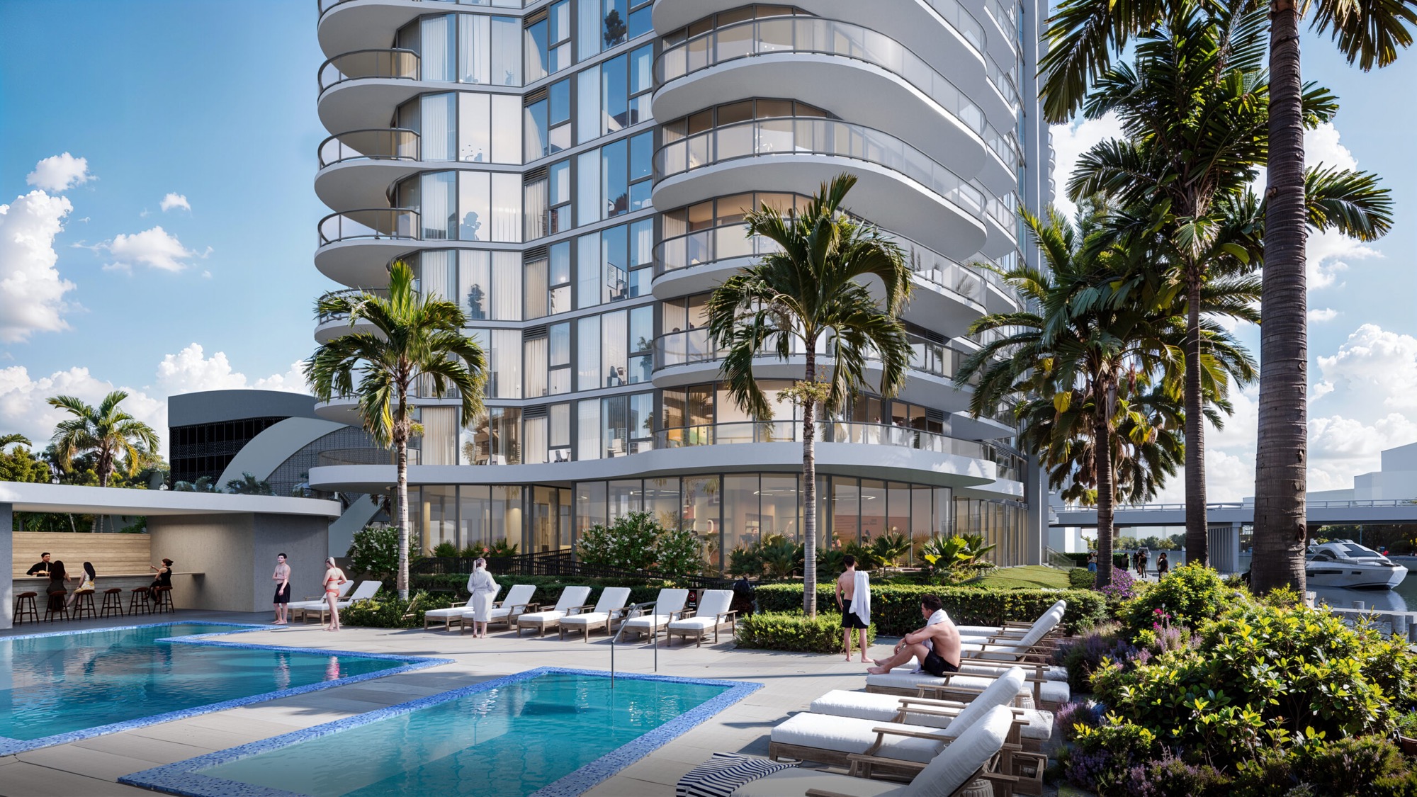 Resort-style pool deck at the base of the tower