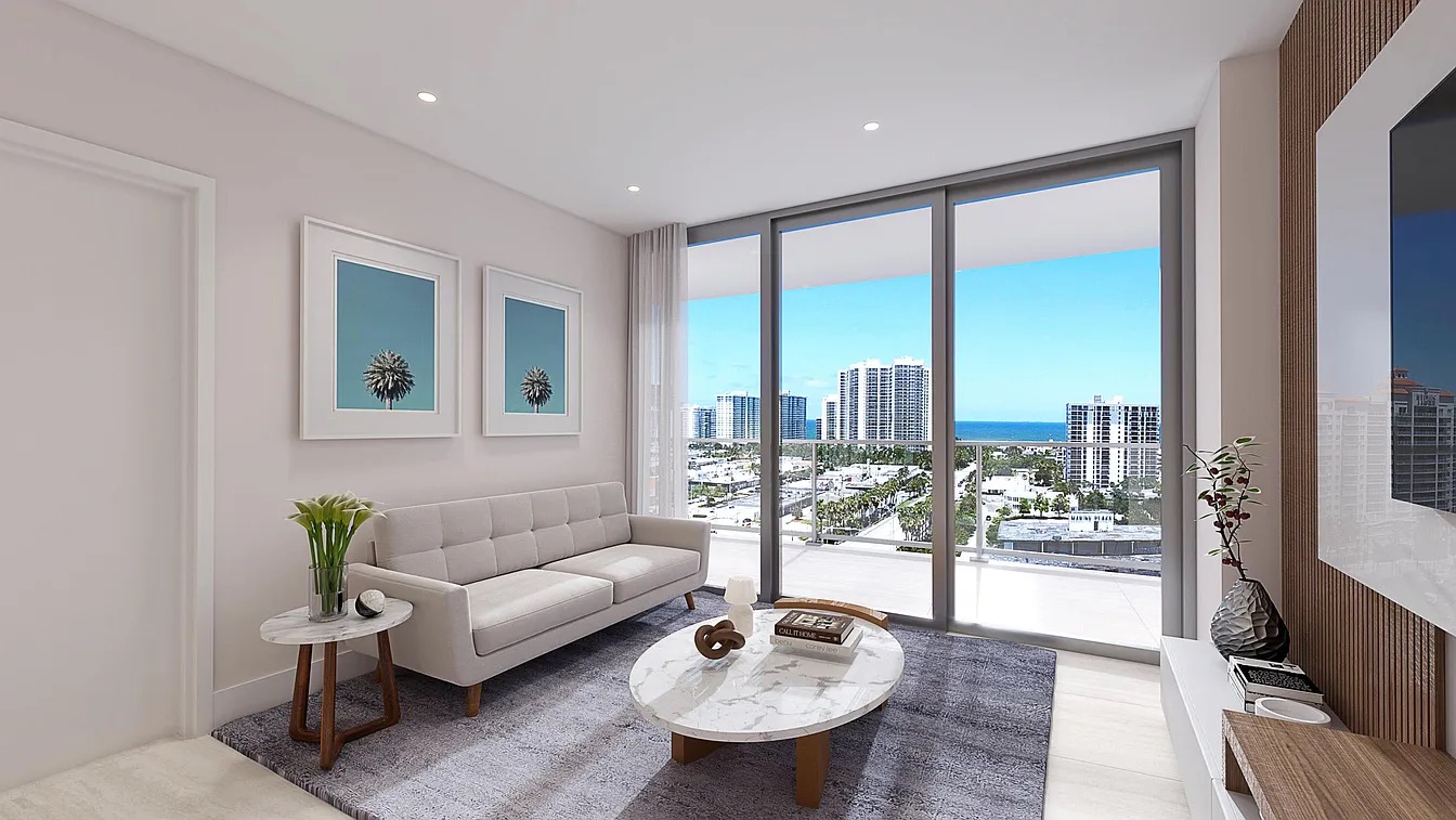 Residence living room with floor-to-ceiling glass and skyline view